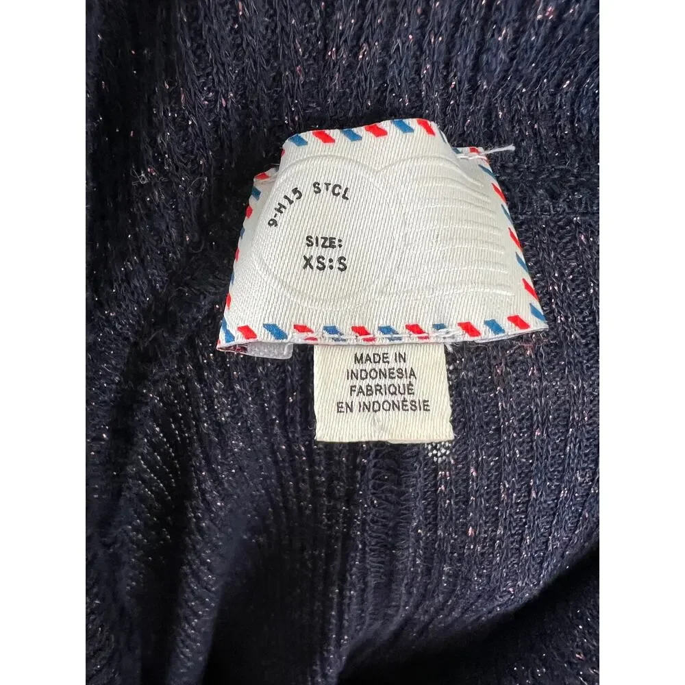 Anthropologie Postmark Blue Metallic Rib Knit Cowl Neck Relaxed Sweater XS